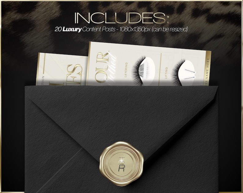 May include: A black envelope with a gold wax seal, containing white cards with gold lettering. The cards feature text and illustrations related to eyelash extensions. The background has a leopard print design and the text "INCLUDES: 20 Luxury Content Posts".