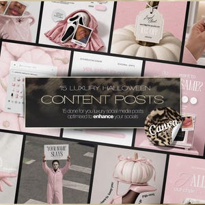 Pode incluir: Uma colagem de 15 posts de conteúdo de Halloween de luxo para redes sociais com abóboras cor-de-rosa, uma máscara de fantasma, uma pessoa de macacão rosa segurando uma placa YOUR NAME SLAYS e o texto 15 LUXURY HALLOWEEN CONTENT POSTS.