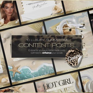 May include: A digital collection of 10 luxury summertime content posts featuring a beige and gold color palette with beach-themed elements like seashells, starfish, and ocean waves. The central text reads 10 LUXURY SUMMERTIME CONTENT POSTS.