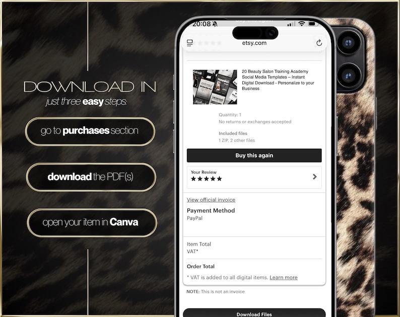 Puede incluir: Una pantalla de smartphone muestra un pedido de Etsy de plantillas digitales para redes sociales. El tel&eacute;fono tiene una funda con estampado de leopardo. La imagen tambi&eacute;n muestra instrucciones: "DESCARGAR EN solo tres pasos f&aacute;ciles".