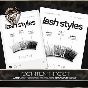 Puede incluir: Dos folletos blancos con el texto "lash styles" y ejemplos de extensiones de pestañas. Los folletos muestran estilos de pestañas clásicos, híbridos y de volumen. Una pegatina de Canva está en la esquina superior izquierda. El banner inferior dice "1 CONTENT POST".
