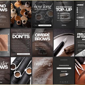 May include: A collage of images related to eyebrow treatments. The images include text about nano brows, ombre brows, powder brows, and aftercare. Other images show tools, pigments, and close-ups of eyebrows.