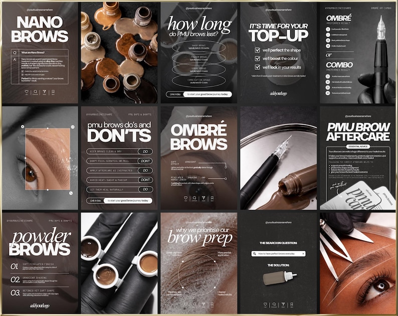 May include: A collage of images related to eyebrow treatments. The images include text about nano brows, ombre brows, powder brows, and aftercare. Other images show tools, pigments, and close-ups of eyebrows.