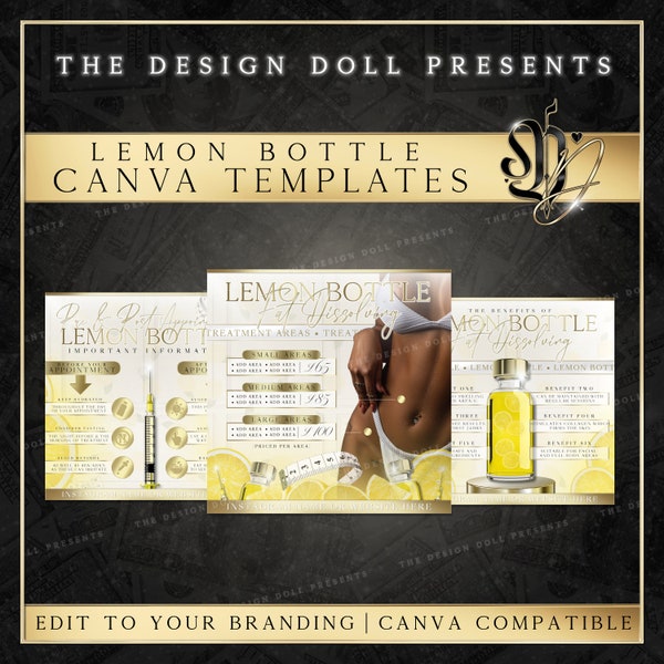 Lemon Bottle Canva Template, Beauty Salon Flyer, Fat Dissolving Canva Posts, DIY Canva Templates, Lemon Bottle Flyer