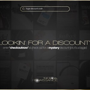 K&ouml;nnte beinhalten: Dunkler, strukturierter Hintergrund mit goldenen Akzenten und Text. Der Satz "LOOKIN' FOR A DISCOUNT?" wird angezeigt. Der Text fordert Benutzer auf, "checkoutnow" f&uuml;r einen Mystery-Rabatt einzugeben. Eine Suchleiste lautet "huge discount code".