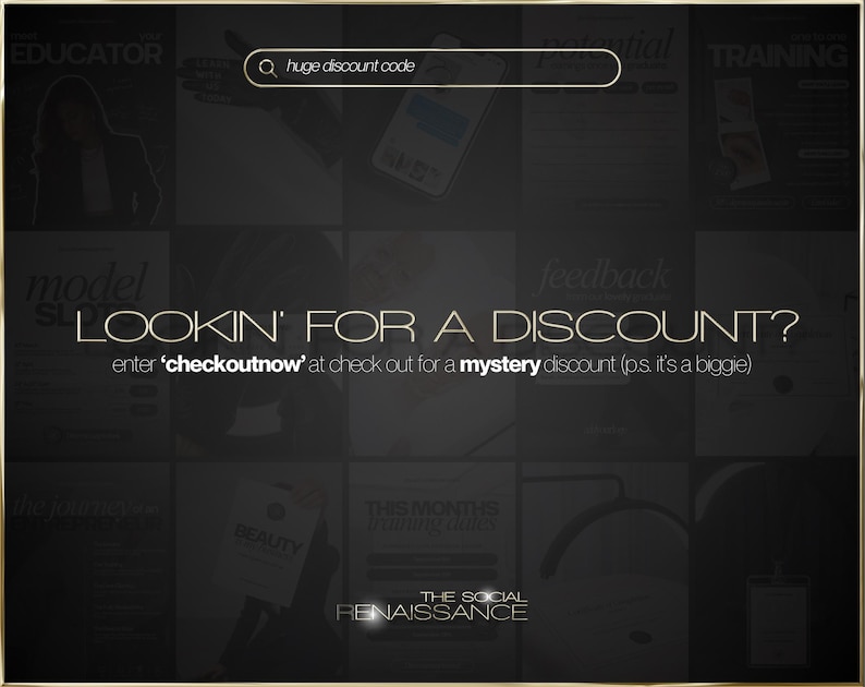K&ouml;nnte beinhalten: Dunkler, strukturierter Hintergrund mit goldenen Akzenten und Text. Der Satz "LOOKIN' FOR A DISCOUNT?" wird angezeigt. Der Text fordert Benutzer auf, "checkoutnow" f&uuml;r einen Mystery-Rabatt einzugeben. Eine Suchleiste lautet "huge discount code".