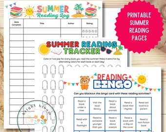 Le lot de pages de lecture d'été comprend un suiveur de livre à thème, des pages de journal de lecture imprimables, une activité de lecture de bingo-test et des lectures d'été pour les enfants