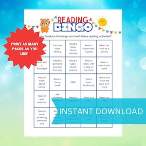 Sommer-Lese-Bingo-Spielkarte, um Kinder zum Lesen zu ermutigen, Leseaktivität für Kinder, sofortiger Download, Kinderaktivitätsseiten zu Hause ausdrucken