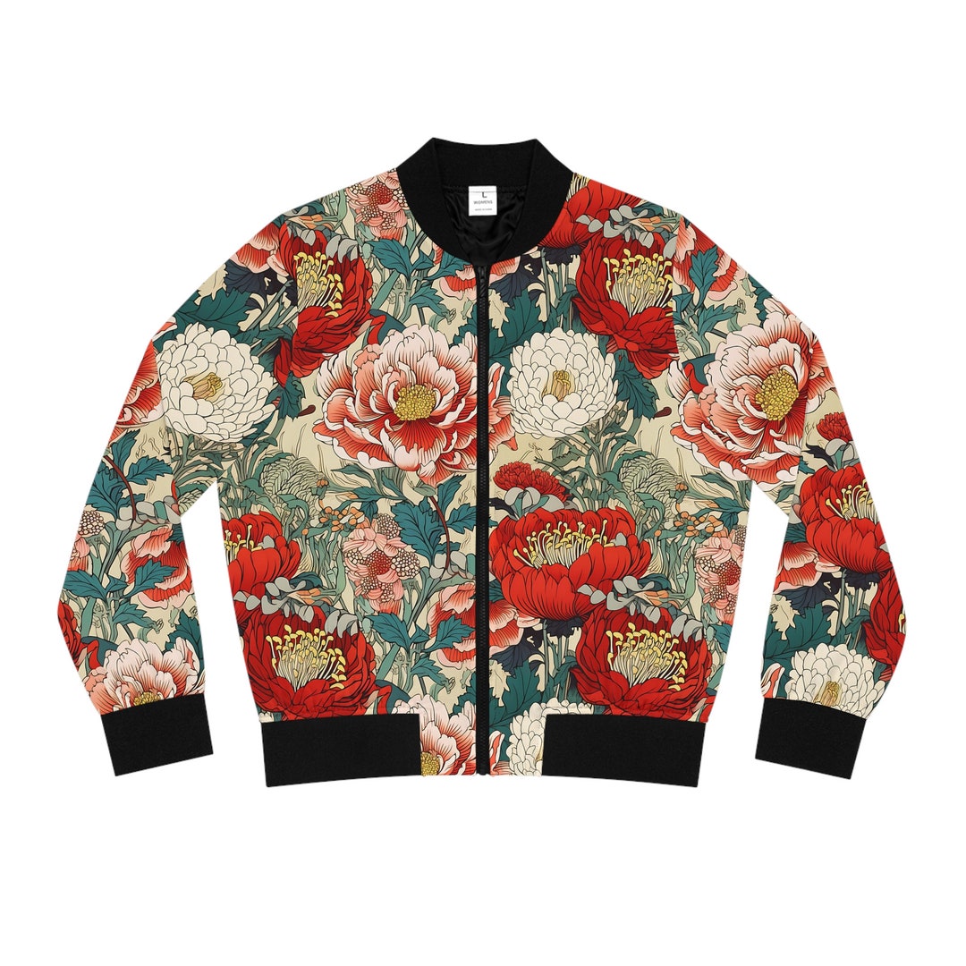 Women's Bomber Jacket Red Green Peony Flower Floral Pattern Jacket for ...