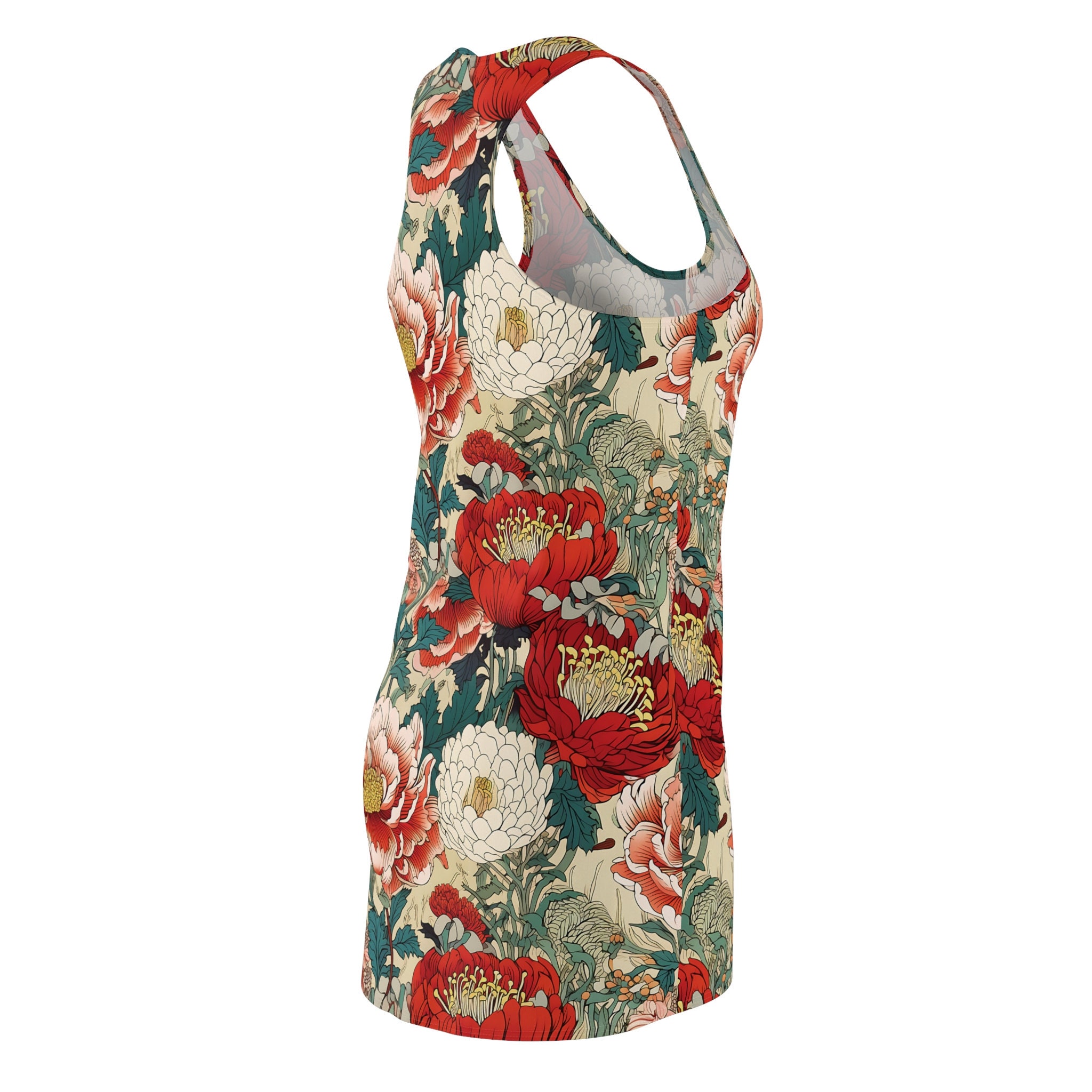 Women's Cut and Sew Racerback Dress Red Green Peony Flower Floral Pattern Dress for Women | (Eastern Majesty)