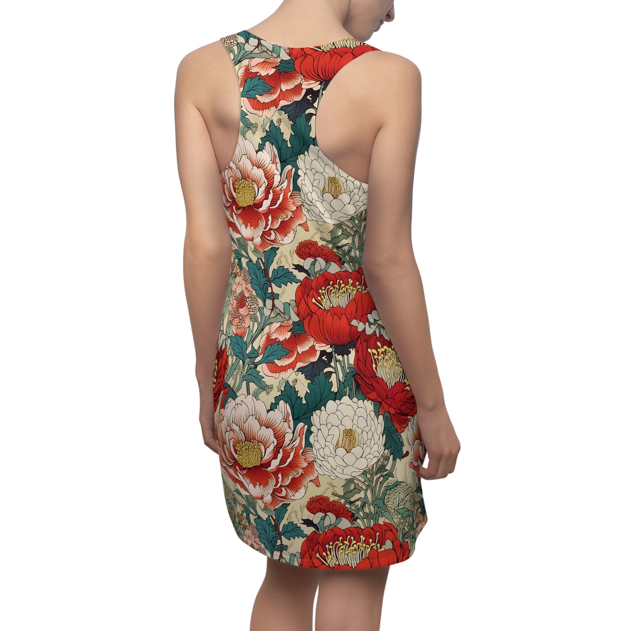 Women's Cut and Sew Racerback Dress Red Green Peony Flower Floral Pattern Dress for Women | (Eastern Majesty)