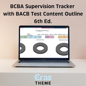 May include: A laptop computer screen displaying a BCBA Supervision Tracker with BACB Test Content Outline 6th Ed. The screen shows a table with columns for BCBA 1 through 7, with headings for Required Hours, Remaining Hours, Supervised Hours, and Unsupervised Hours. The table is surrounded by a gray border. The laptop is on a white surface with the text "Eras THEME" below it.