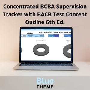 May include: A laptop displays a spreadsheet titled "Concentrated BCBA Supervision Tracker with BACB Test Content Outline 6th Ed." The screen shows a table with columns for BCBA 1-6 and a section for unrestricted hours. The bottom of the image has the text "Blue Theme."