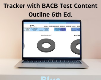 May include: A laptop displays a spreadsheet titled "Concentrated BCBA Supervision Tracker with BACB Test Content Outline 6th Ed." The screen shows a table with columns for BCBA 1-6 and a section for unrestricted hours. The bottom of the image has the text "Blue Theme."