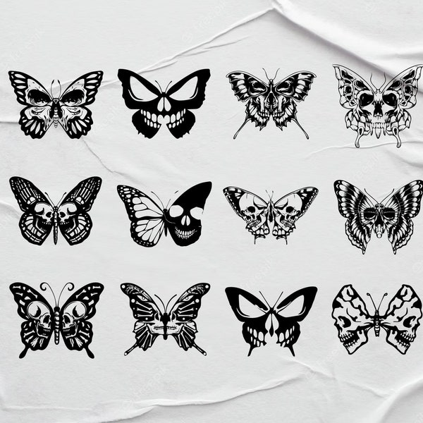 Ensemble de 12 fichiers Svg tête de mort papillon | Squelette SVG | Svg papillon | Clipart papillon | Sticker papillon | Tête de mort Svg pour Cricut, Silhouette