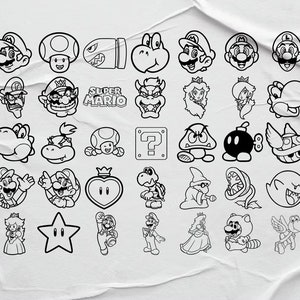 Lot Super Mario SVG pour Cricut et sublimation, fichiers svg en couches de la famille Mario, fichiers coupés Super Mario Bros, police de caractères Super Mario, Mario PNG