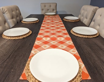 Fall Table Runner – Reversible Leaf & Plaid, Autumn Decor, Thanksgiving Table Decor, Rustic Farmhouse Runner, Orange 13.5x72