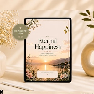 May include: A digital notebook for the 2026 JW Convention, featuring the title "Eternal Happiness" on a tablet screen. The image includes floral decorations, a pen, and vases with flowers and greenery. The notebook has 80 total pages.