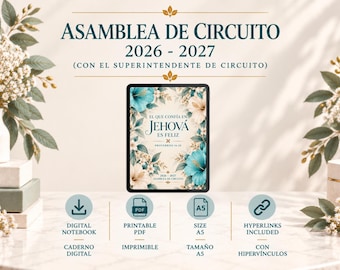 May include: A digital notebook for the 2026-2027 Circuit Assembly with the superintendent. The cover features teal and cream hibiscus flowers and the text "EL QUE CONFÍA EN JEHOVÁ ES FELIZ". Includes PDF, A5 size, and hyperlinks for digital use.