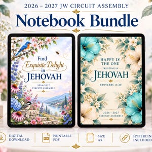 May include: Two digital tablets displaying 2026-2027 JW Circuit Assembly notebook covers. The left cover features a blue bird, flowers, and a landscape. The right cover shows teal and cream hibiscus flowers with the text Happy Is The One Trusting In Jehovah.