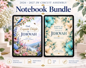 May include: Two digital tablets displaying 2026-2027 JW Circuit Assembly notebook covers. The left cover features a blue bird, flowers, and a landscape. The right cover shows teal and cream hibiscus flowers with the text Happy Is The One Trusting In Jehovah.