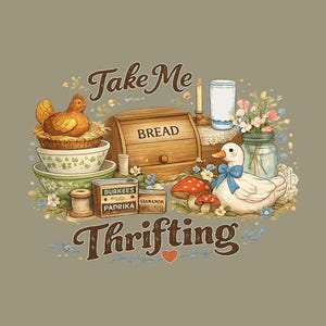 Peut inclure: Illustration fantaisiste avec le texte "Take Me Thrifting". Elle pr&eacute;sente une poule sur un nid, des bols, une bo&icirc;te &agrave; pain, un canard avec un n&oelig;ud bleu et des bocaux de fleurs. Autres &eacute;l&eacute;ments : bo&icirc;tes d'&eacute;pices, bougie et champignons.