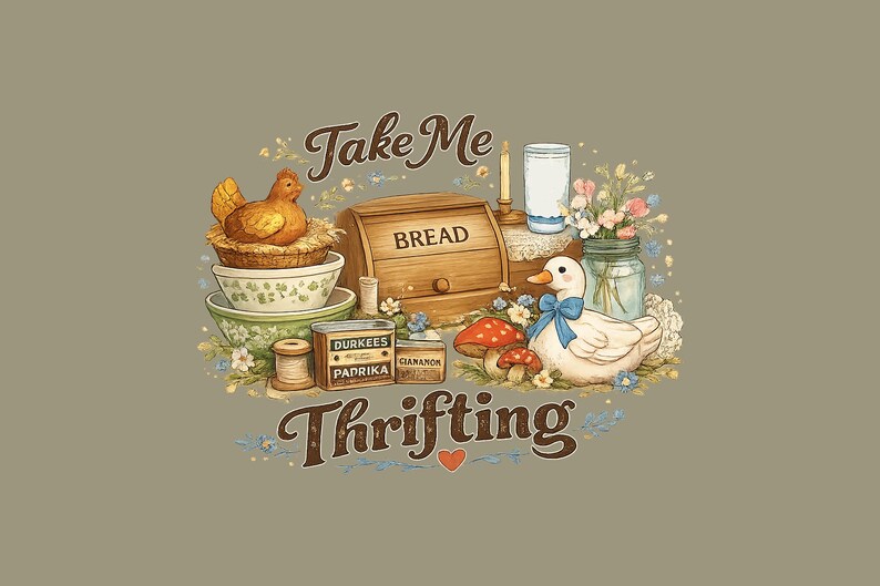 Peut inclure: Illustration fantaisiste avec le texte "Take Me Thrifting". Elle pr&eacute;sente une poule sur un nid, des bols, une bo&icirc;te &agrave; pain, un canard avec un n&oelig;ud bleu et des bocaux de fleurs. Autres &eacute;l&eacute;ments : bo&icirc;tes d'&eacute;pices, bougie et champignons.