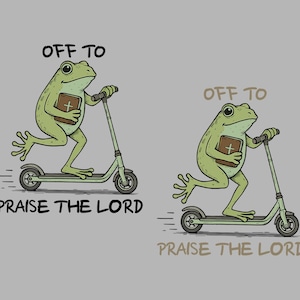 Może przedstawiać: Kresk&oacute;wka przedstawiająca zieloną żabę na skuterze, trzymającą książkę z krzyżem. Tekst powyżej brzmi "OFF TO", a poniżej "PRAISE THE LORD".