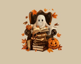 Archivos PNG de lector de libros fantasma, profesor fantasma de Halloween Png, bibliotecario fantasma de Halloween Png, fantasma leyendo Png, regalos de Halloween para amantes de los libros.