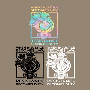 Pode incluir: Três versões de um design gráfico feminista com um símbolo feminino estilizado, flores e um punho. O texto diz "Quando a injustiça se torna lei, a resistência se torna um dever."
