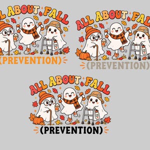 Può includere: Tre illustrazioni di fantasmi in stile cartoon con il testo ALL ABOUT FALL (PREVENTION). I fantasmi indossano accessori autunnali come berretti e sciarpe, tengono in mano tazze di caffè e manubri, e usano un bastone e un deambulatore tra foglie autunnali arancioni e rosse.