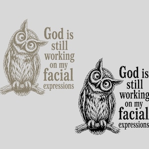 Può includere: Due illustrazioni grafiche di un gufo appollaiato su un ramo, ciascuna accompagnata dal testo 'God is still working on my facial expressions'. Un gufo è reso in un colore tortora tenue, mentre l'altro è in un audace stile a inchiostro nero.