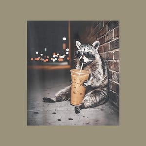 May include: A raccoon wearing sunglasses sits against a brick wall, holding a large iced coffee with a straw. The image is set at night with blurred city lights in the background, creating a relaxed, urban vibe.