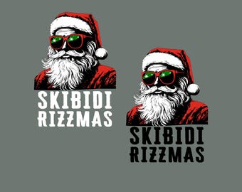 Op de afbeelding: Illustratie van de Kerstman met een zonnebril met groene glazen, een rode muts en een witte baard. De tekst "SKIBIDI RIZZMAS" staat onder de afbeelding in witte en zwarte lettertypen. De achtergrond is grijs.