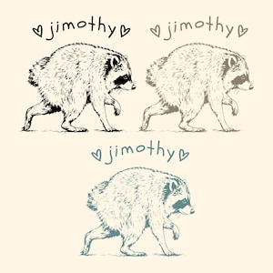 May include: Three illustrations of a raccoon walking, each labeled with the name jimothy in lowercase letters flanked by two small heart outlines. The top left raccoon is black, the top right is brown, and the bottom raccoon is blue.