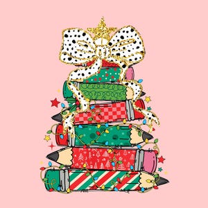 May include: A Christmas tree design made of pencils, decorated with a gold bow, star, and string lights. The pencils are red and green with various patterns. The background is a solid light pink.