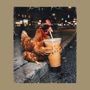 May include: A brown chicken wearing black sunglasses, sitting on a concrete curb while holding a clear plastic cup filled with an iced coffee beverage and a white straw, set against a blurred nighttime city street background with bokeh lights.