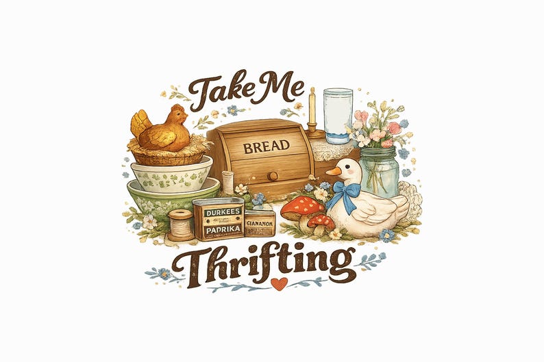 Peut inclure: Illustration &agrave; l'aquarelle avec le texte "Take Me Thrifting". Repr&eacute;sente une poule dans un nid, une bo&icirc;te &agrave; pain en bois, un canard avec un n&oelig;ud bleu et divers objets vintage. Comprend les mots "Bread", "Durkee's Paprika" et "Cinnamon".