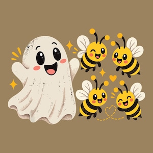 May include: A cartoon illustration featuring a cheerful white ghost with large black eyes and a wide smile, positioned next to four small, happy yellow and black striped bees with white wings, surrounded by small yellow star and heart accents.