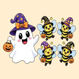 May include: A white cartoon ghost wearing a purple witch hat with yellow stars and an orange pumpkin bow, holding a jack-o'-lantern bucket, accompanied by four yellow and black striped bees wearing various witch hats and holding pumpkin buckets.