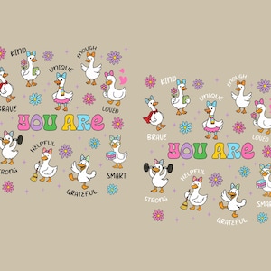Puede incluir: Ilustración de dibujos animados de gansos con accesorios y frases positivas como «Eres valiente» y «Eres amable». Las palabras «Tú eres» están en una fuente de arcoíris, rodeadas de flores. El diseño tiene una estética alegre y edificante.