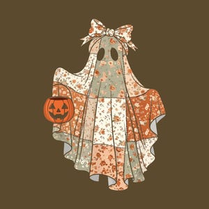Patchwork Floral Ghost Boo PNG, Distressed Halloween Spooky Ghost Boo Png, Checkered Floral Boho Fall Png, Preppy Floral Halloween, Gift.