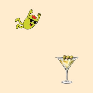 Könnte beinhalten: Eine Cartoon-Illustration einer grünen Olivenfigur mit schwarzer Sonnenbrille, die mit erhobenen Armen springt, über einem Martini-Glas, das mit einer blassgelben Flüssigkeit gefüllt und mit drei grünen Oliven an einem Metallspieß garniert ist.