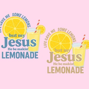 Può includere: Due immagini su sfondo rosa presentano una fetta di limone e un bicchiere di limonata con una cannuccia. Il testo recita: "La vita mi ha dato dei limoni, ma il mio Gesù fa limonata."