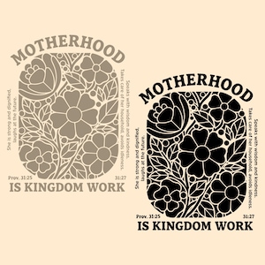 Puede incluir: Dos diseños florales con la palabra "MOTHERHOOD" arriba e "IS KINGDOM WORK" abajo. Un diseño es marrón, el otro negro. El texto incluye Proverbios 31:25 y 31:27, con frases sobre fuerza, dignidad, sabiduría y bondad.