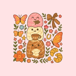 May include: A charming illustration of three cartoon conchas, stacked and smiling, with a coffee cup. The design includes butterflies, flowers, a horseshoe, a bow, and croissants, in warm colours against a light pink background.