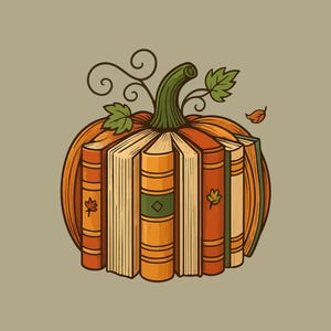 May include: A whimsical illustration of a pumpkin made of books. The pumpkin is orange with a green stem and leaves. The books are various colors, with fall leaf accents. A creative design for autumn.