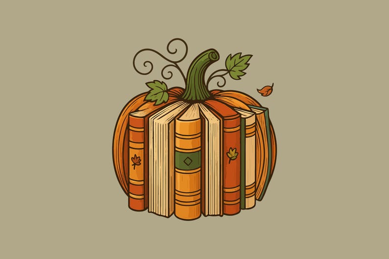 May include: A whimsical illustration of a pumpkin made of books. The pumpkin is orange with a green stem and leaves. The books are various colors, with fall leaf accents. A creative design for autumn.