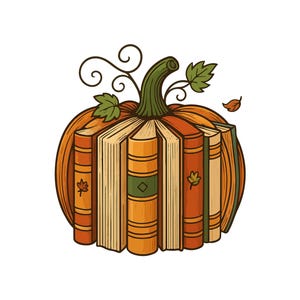 May include: A whimsical illustration of a pumpkin composed of books. The pumpkin is orange with a green stem and leaves. The books are various shades of orange, brown, and tan, with some featuring leaf accents.