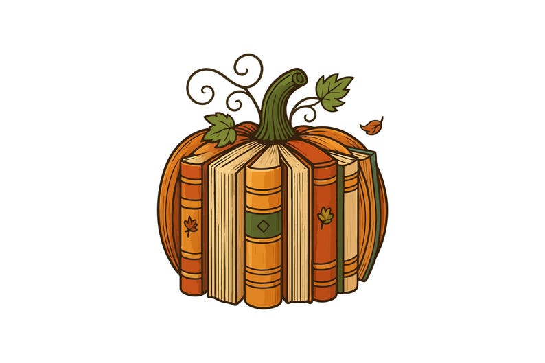 May include: A whimsical illustration of a pumpkin composed of books. The pumpkin is orange with a green stem and leaves. The books are various shades of orange, brown, and tan, with some featuring leaf accents.